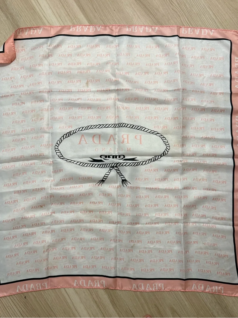 Prada Vintage White Silk Scarf with Pink Logo Repeat and Black Emblem